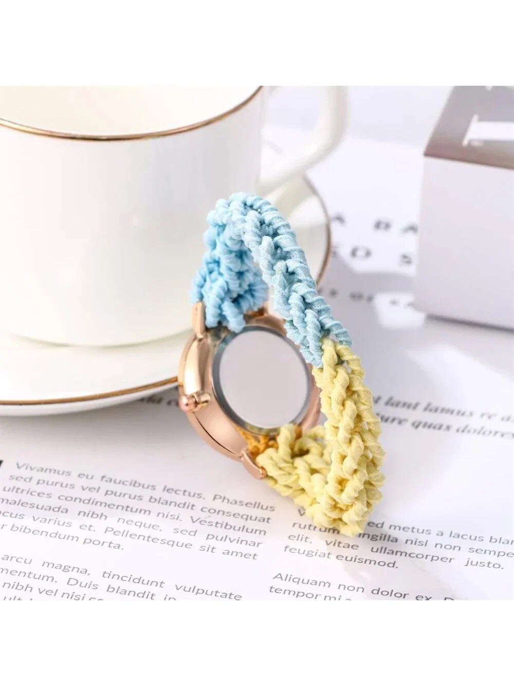 Women's Blue Yellow Analog Stretch Band Elastic Colorful Weave Rope Wrist Watch